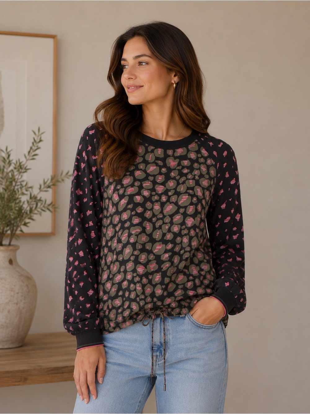 Marc Cain Sport Black Top Pink and Olive cheetah leopard Print N2 NWT (M)